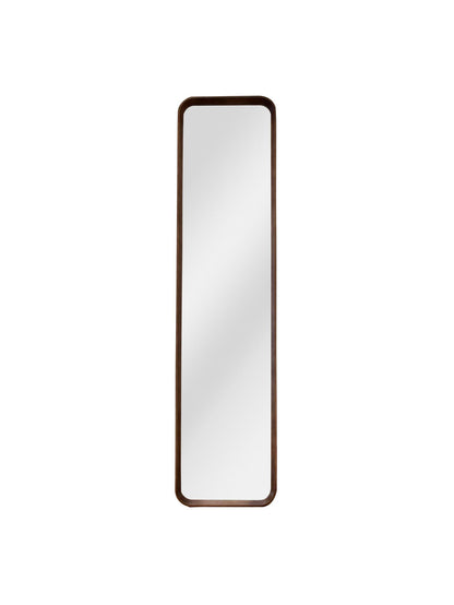 Rectangular mirror with a brown frame on a white background