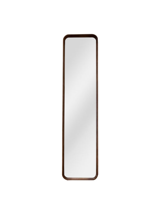 Rectangular mirror with a brown frame on a white background