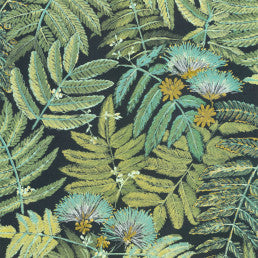 A section of wallpaper with a hand-drawn chalk drawing pattern featuring green leaves and yellow flowers.
